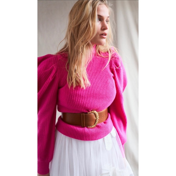 LoveShackFancy 100% Cashmere Potter Pullover Puff Sleeve Bow Detail Pink Sweater - Picture 5 of 11